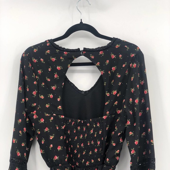 Disney Princess Dress Floral Tie Waist Flounce Sleeve Smocked Open Back Black XL - Picture 7 of 11